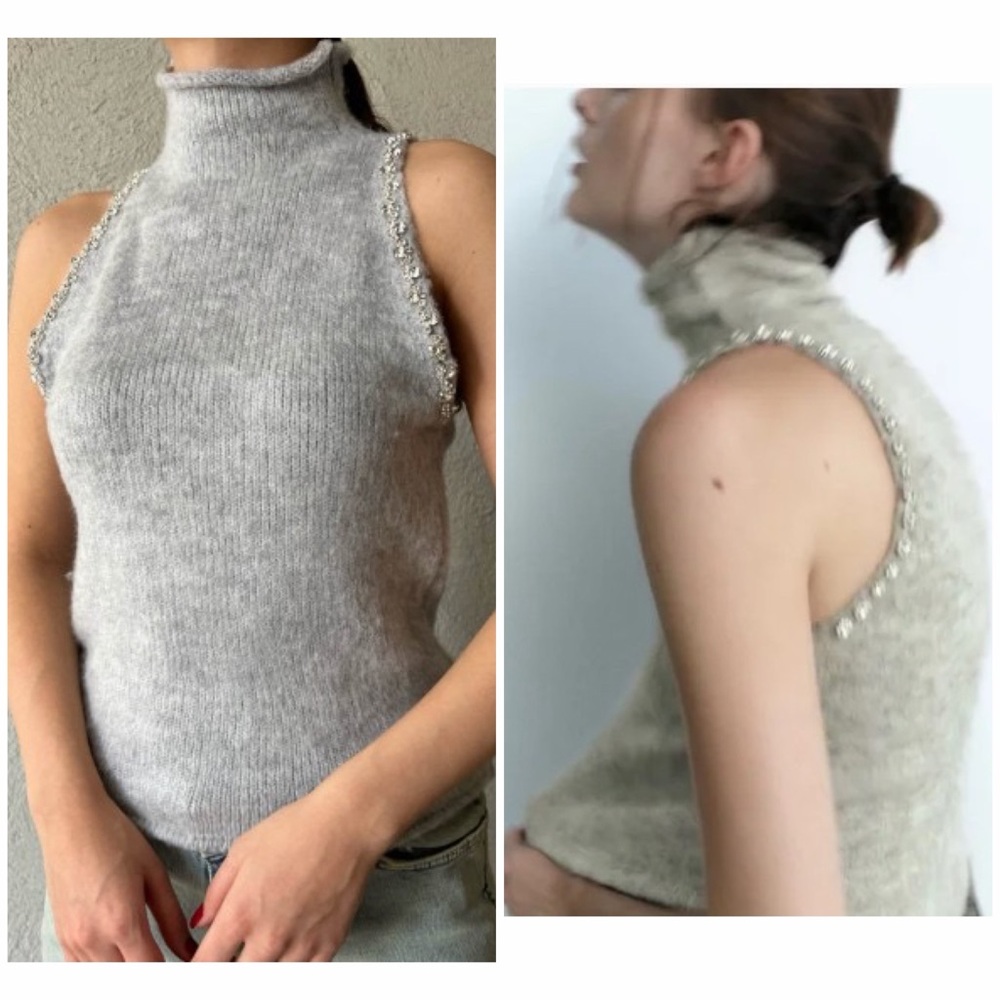 NWT Sleeveless Turtleneck Sweater with Jewel Trim - Gray